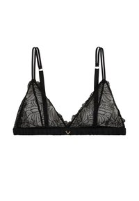 Bralette en dentelle noire avec bretelles réglables, présentant un motif floral, un décolleté en V et une bande froncée en bas. Détail en accent doré inclus.