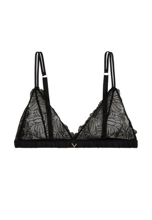 Bralette en dentelle noire avec bretelles réglables, présentant un motif floral, un décolleté en V et une bande froncée en bas. Détail en accent doré inclus.