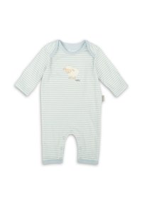 Rompers rayés pour bébé en bleu clair avec un motif de mouton à l'avant. Présente des manches longues et des boutons-pression en bas. Matière en coton.