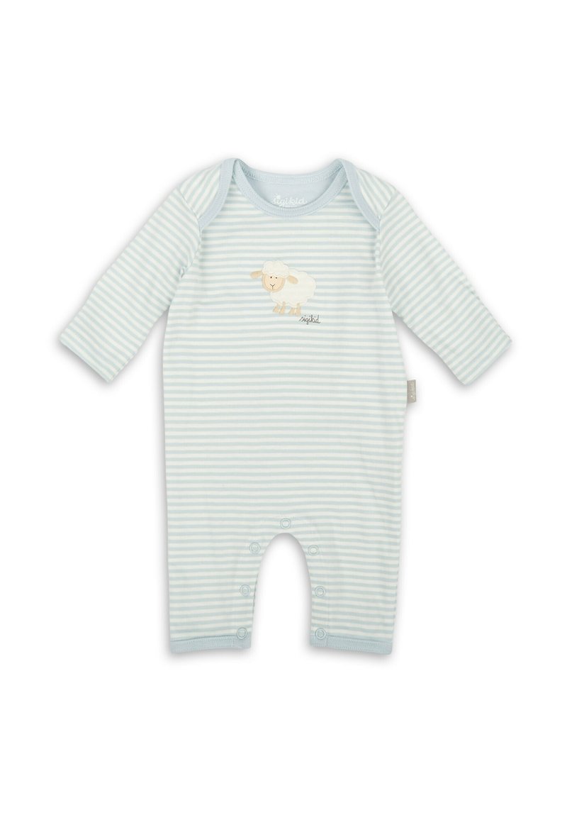 Rompers rayés pour bébé en bleu clair avec un motif de mouton à l'avant. Présente des manches longues et des boutons-pression en bas. Matière en coton.