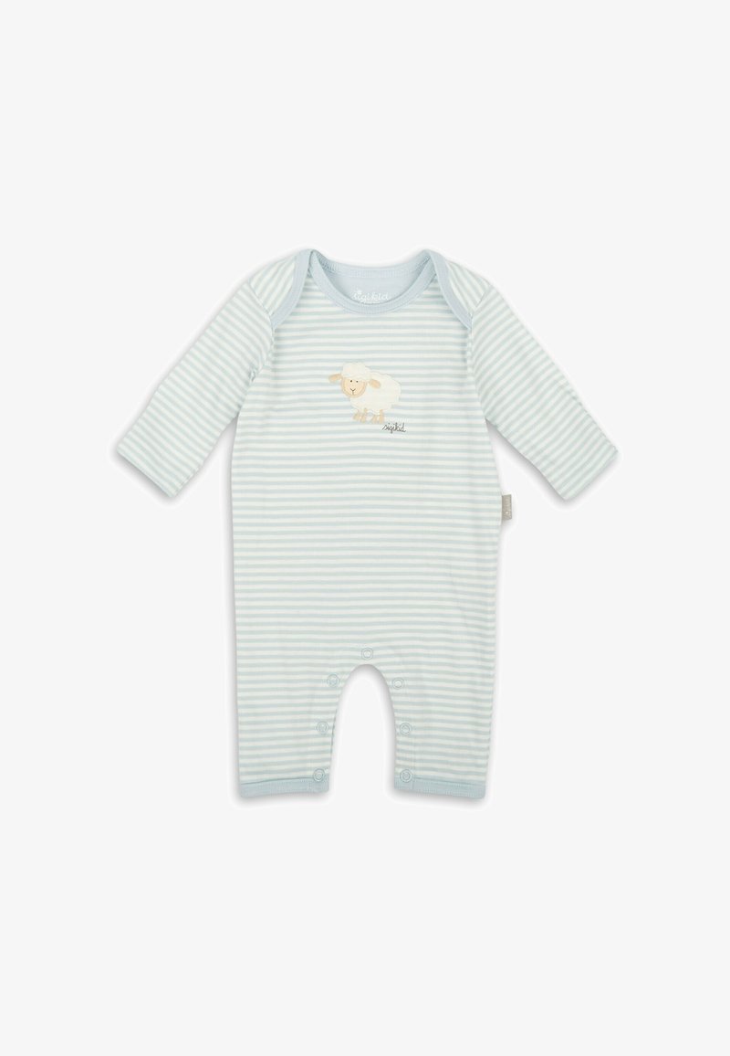 Rompers rayés pour bébé en bleu clair avec un motif de mouton à l'avant. Présente des manches longues et des boutons-pression en bas. Matière en coton.