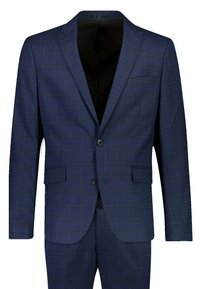 Navyfarbener Blazer mit kariertem Muster, zwei Knöpfen und schwarzem Innenfutter. Verfügt über seitliche Taschen und Reverskragen. Strukturiert gewebter Stoff.