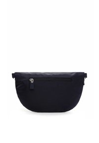 Borsa a pochette blu navy realizzata in tessuto morbido, con una tasca frontale con zip e tracolle regolabili sui lati. Forma arrotondata con texture liscia.