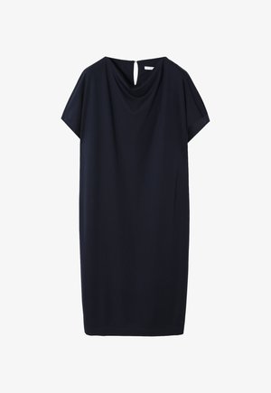 Temno modra obleka, kratki rokavi, ovalni izrez, sproščen kroj, z majhno ključavnico na hrbtni strani, izdelana iz gladkega materiala.