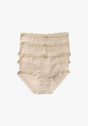 Beige Baumwoll-Unterwäsche im Set von drei mit feiner Spitzenkante, Schleifenakzenten und einem hoch geschnittenen Design. Weiche Textur und glatte Oberfläche.