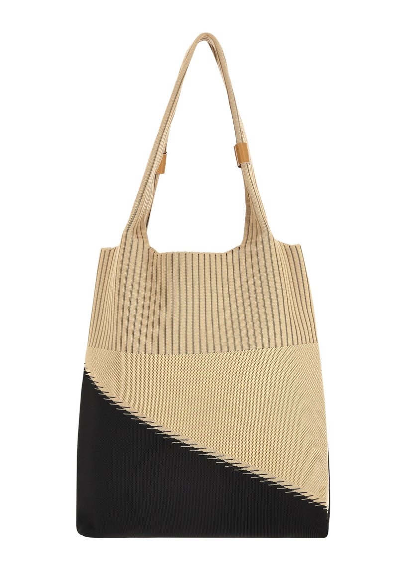 Beige en zwarte draagtas met verticale strepen en een diagonale naad. Gemaakt van stof met een gestructureerde afwerking. Voorzien van twee stevige handvatten.