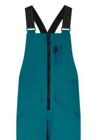 Turquoise waterdichte overall met verstelbare zwarte bandjes, sluiting met ritssluiting aan de voorkant en twee voorzakken met schuine kleppen.