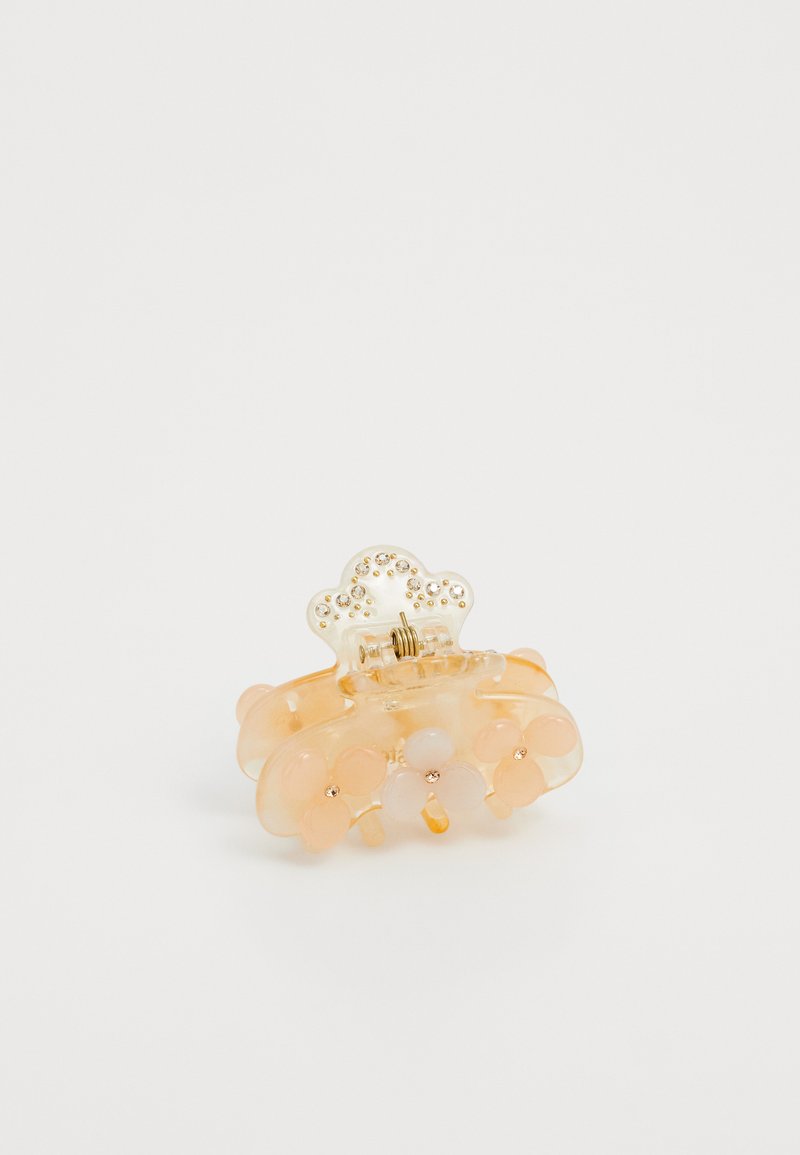 Πλαστικό κλιπ μαλλιών σε ροζ απόχρωση με λουλούδια και χρυσές λεπτομέρειες. Διαφανής φινίρισμα με υφή για ασφαλές κράτημα.