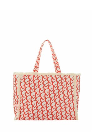 Borsa tote rettangolare con motivo astratto rosso e bianco e rifiniture e manici morbidi color crema.