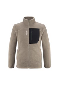 Veste en polaire beige à fermeture éclair intégrale avec col haut et une poche poitrine zippée noire sur le côté gauche, arborant un logo "MILLET" blanc.