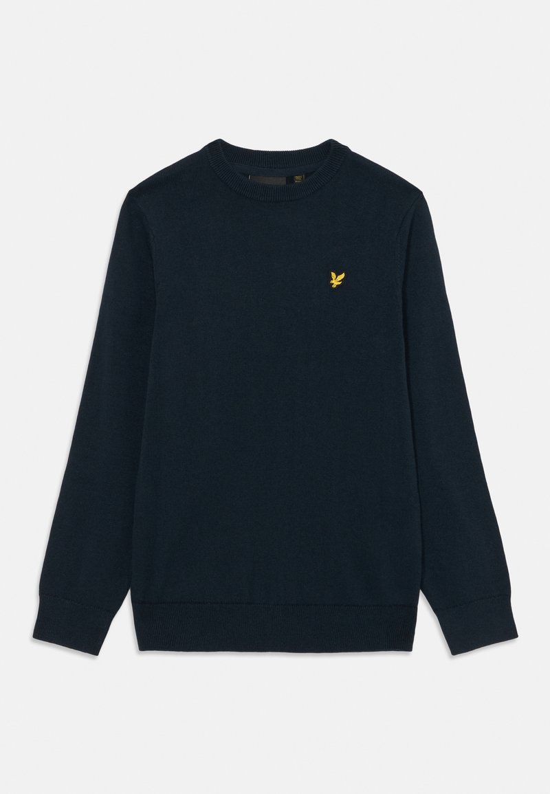 Mørkeblå langermet strikkegenser med rund hals og lite brodert gult fuglelogo på brystet.