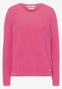 Maglione rosa lavorato a maglia con un motivo testurizzato, scollo rotondo, maniche lunghe e bordo a coste. Dettaglio logo discreto sul lato sinistro in basso.