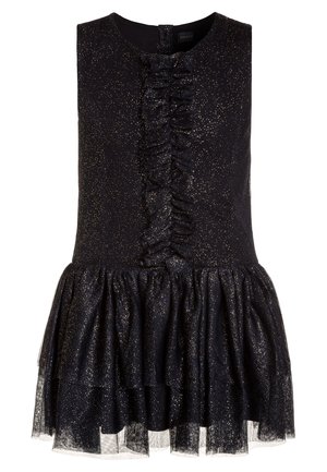 Bezrekawna czarna sukienka z złotymi cekinami, detalem z falbankami na przodzie i warstwową spódnicą z tiulu.