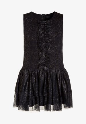 Robe noire sans manches avec des paillettes dorées, un détail froncé à l'avant et une jupe en tulle superposée.