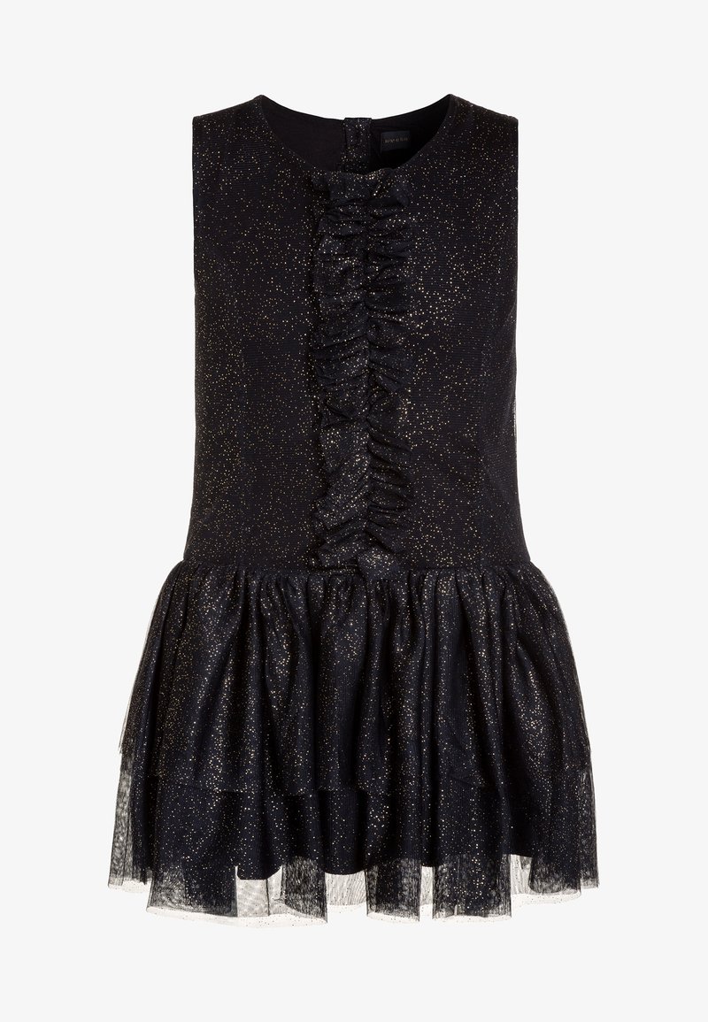 Robe noire sans manches avec des paillettes dorées, un détail froncé à l'avant et une jupe en tulle superposée.