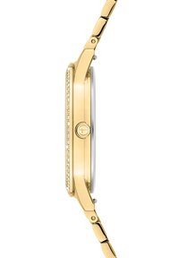 Gouden metalen horloge met een slank profiel, uitgevoerd met een bezels met kristallenaccenten, een gladde wijzerplaat en een geschakelde band. Gedetailleerd zijaanzicht toont ambachtelijkheid.