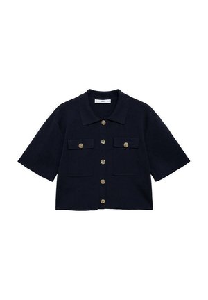Camisa corta azul marino de manga corta, con dos bolsillos frontales y cierre de botones en tono dorado. Hecha de una tela texturizada.