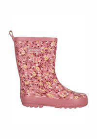 Stivaletto di gomma rosa con un motivo floreale che presenta fiori gialli e bianchi, suola testurizzata per una maggiore aderenza e una linguetta sul retro.