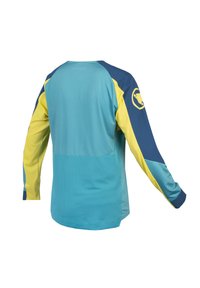 Langsleeve shirt met blauwe, gele en teal secties. Textuurstof, ronde halslijn en contrasterende mouwontwerpen.