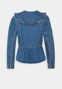 Denim jacket featuring ruffled collar, peplum waist, long sleeves, and classic blue color. Includes curved hem and button details.