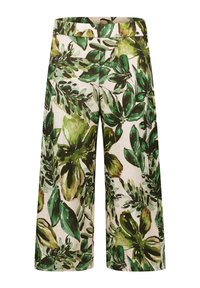 Lněné culoty s vzorem zeleného listí na krémovém pozadí, široké nohavice a hladký pas.
