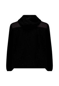 Zwarte hooded jacket met een zachte, textuurrijke stof, voorzien van doorzichtige panelen op de schouders en een kangoeroezak aan de voorkant.