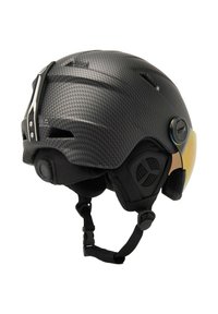 Sort skihjelm med en struktureret carbonfiber-finish, integreret visir, justerbar rem, ventilationshuller og polstrede øreklapper.