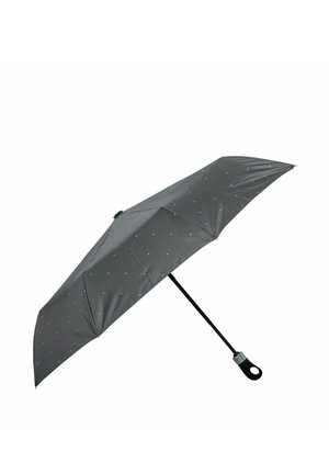 Kompaktowy czarny parasol w drobne białe kropki, z prostym trzonkiem i pętelkowym uchwytem, pokazany całkowicie otwarty na białym tle.