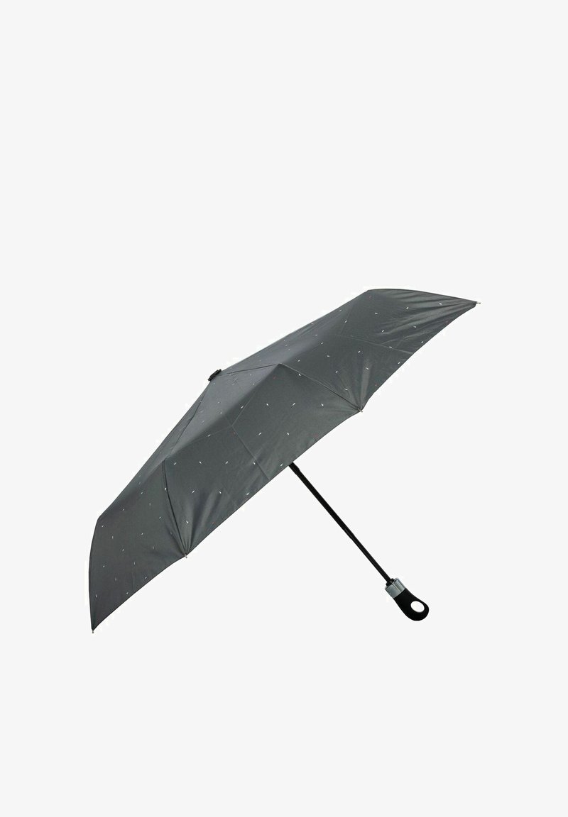 Kompaktowy czarny parasol w drobne białe kropki, z prostym trzonkiem i pętelkowym uchwytem, pokazany całkowicie otwarty na białym tle.