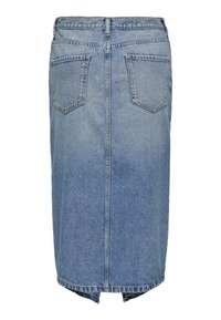 Denim krilo v svetlo modri barvi s ravnim krojem, dvema zadnjima žepoma in nekoliko neenakim robom. Ima zanke za pas in zadrgo.