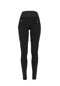 Leggings noirs avec une large taille élastique, des poches zippées sur les côtés et des détails en panneaux texturés le long des jambes. Fabriqués dans un tissu extensible et lisse.