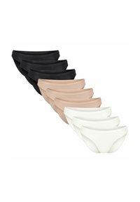Set mit 10 Unterhosen, bestehend aus 4 schwarzen, 4 beigen und 2 weißen Paaren. Hergestellt aus glattem Stoff mit nahtlosem Design und elastischem Bund.