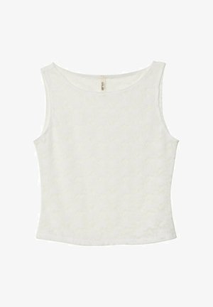 Valkoinen, hihaton paita, jossa on pyöreä pääntie. Teksturoidussa kankaassa on hienovarainen kukkakuosi. Suora, hieman löysä leikkaus.