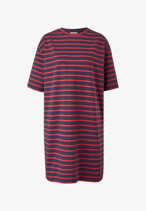 Striped cotton dress featuring horizontal navy and pink stripes, short sleeves, a loose fit, and a knee-length design. Paired with white sneakers.