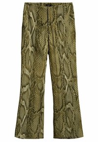 Pantalons verts à imprimé serpent avec un design évasé, présentant un motif reptilien texturé et une taille plate.