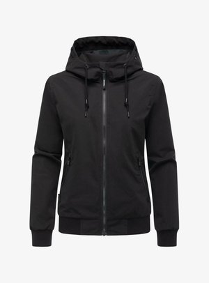 Zwarte capuchonjas met ritssluiting aan de voorkant, verstelbare trekkoorden, met ritssluiting afsluitbare zijzakken en geribbelde manchetten en zoom.