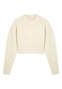 Maglione cropped in beige chiaro, realizzato in morbido tessuto a maglia, con scollatura rotonda e maniche lunghe, leggermente oversize.