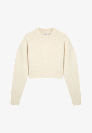 Krótkie sweter w jasnym beżu, wykonany z miękkiego materiału dzianinowego, z okrągłym dekoltem i długimi, lekko oversize'owymi rękawami.