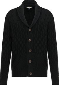 Cardigan nera in maglia con colletto a scialle, caratterizzata da motivi a onda, design a maglia testurizzata e cinque bottoni marroni sul davanti.