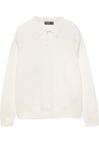 Weißes Langarm-Polohemd mit klassischem Kragen und vier Knöpfen. Weicher Stoff mit leicht strukturierten Oberfläche. Lässige Passform mit gerippten Bündchen.