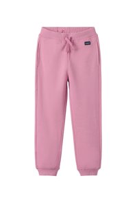 Lyserøde sweatpants med ribbet talje og manchetter, der har snøre og sidelommer. Materialet ser blødt og tekstureret ud.