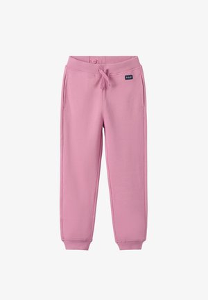 Roze sweatpants met een geribbelde tailleband en boorden, voorzien van een trekkoord en zijzakken. Materiaal ziet er zacht en textuur rijk uit.