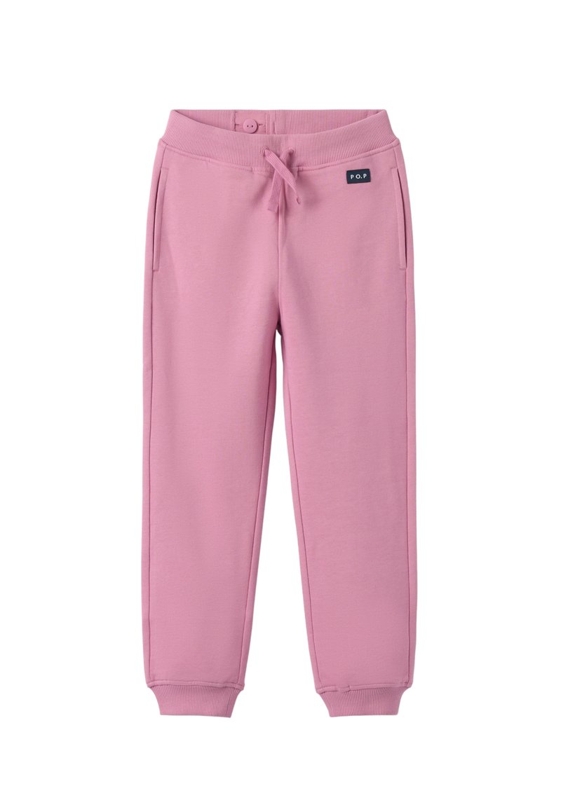 Lyserøde sweatpants med ribbet talje og manchetter, der har snøre og sidelommer. Materialet ser blødt og tekstureret ud.