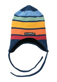 Neulottu hattu, jossa on sinisiä, vihreitä, keltaisia, oransseja ja punaisia vaakaraitoja. Varustettu korvaläpillä ja säädettävillä nauhoilla. Merkkilogo edessä.