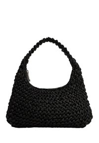 Sac à main noir en tissé avec une poignée arrondie et une tirette en argent, présentant un design tressé texturé.