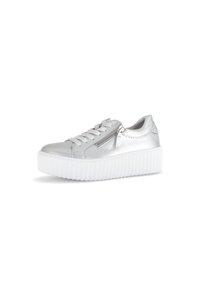 Zilveren sneaker met een gestructureerde metallic afwerking, witte plateauzool, vetersluiting en een details met zijrits. Glad oppervlak en afgeronde vorm.