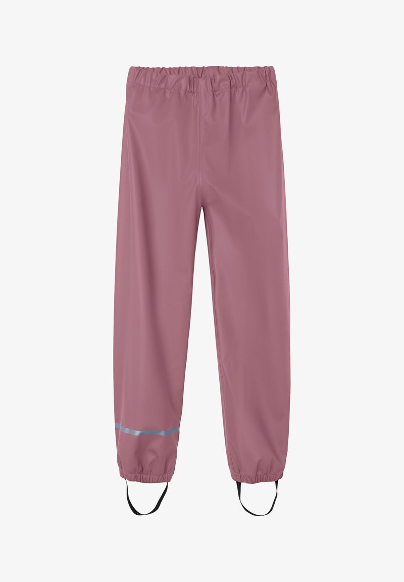 Waterproof pink rain pants with elastic waistband, reflective silver stripe at the cuffs, and adjustable foot straps for a secure fit.