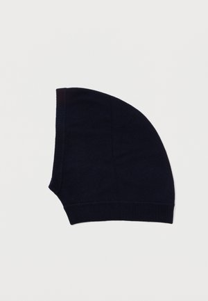 Gorro de punto de color navy con parte superior redondeada, dobladillo acanalado y textura suave, diseñado para mantener el calor y ofrecer comodidad.