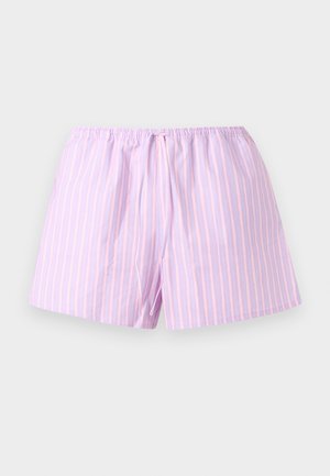 Lichtpaarse short met verticale roze strepen en een elastische tailleband met een centraal koord.