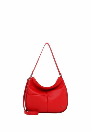 Sac à bandoulière en cuir rouge avec dessus incurvé, poche extérieure, détails de fermeture éclair argentée et bandoulière réglable.